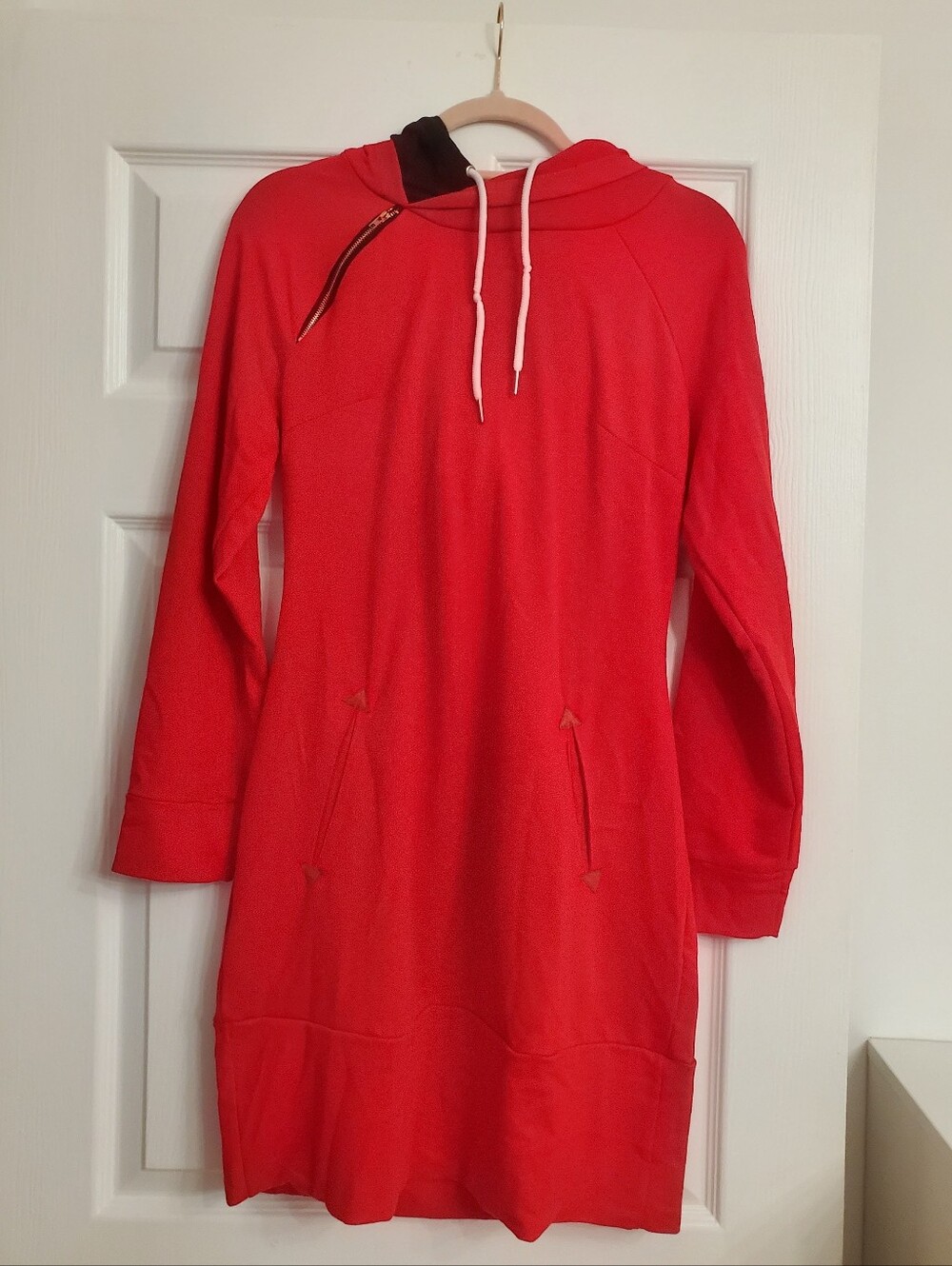 Red Hooded Sweatshirt Dress with Pockets